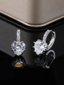 1 Đôi bông tai hình trái tim đính đá Cubic Zirconia, thích hợp cho phụ nữ dự tiệc cưới. - Bạc - Xem 5