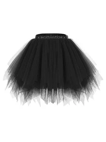 Women's Black Shaped Multi-Layer Mesh Skirt For Wedding Photoshoot, Half-Length, Puffy Style Fall Clothes For Women - Black - View 5