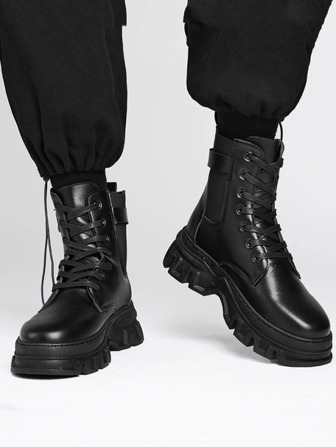 Men Buckle Decor Combat Boots, Lace-Up Front Fashion Boots Black Valentines