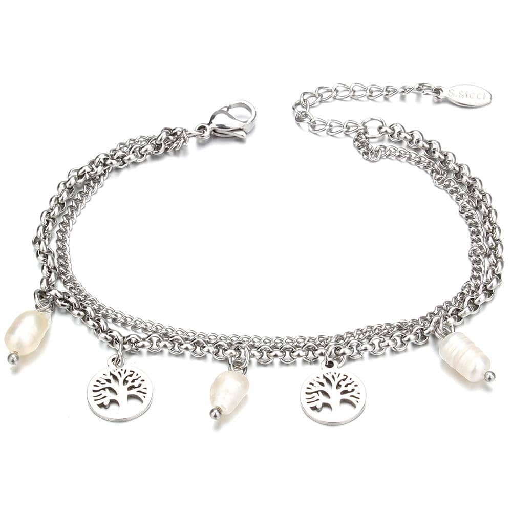 1入時尚不銹鋼人造珍珠和樹形吊飾分層手鐲,適用於女性禮物 - 生命之樹 - 查看 1