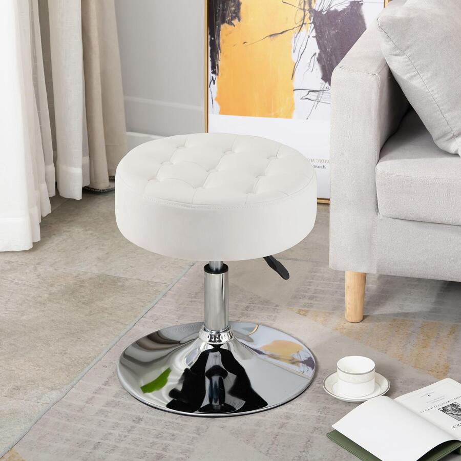 Fumahaus 16" Wide Vanity Stool For Makeup Room Mid-Century Button-Tufted Faux Leather Round Ottoman For Bedroom Luxurious Swivel Adjustable Foot Stool For Living Room Small Vanity Chair Room Decor - trắng - Xem 1