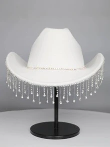 1pc Women Rhinestone Tassel Decor Cowboy Fedora Hat For Party - White - View 3