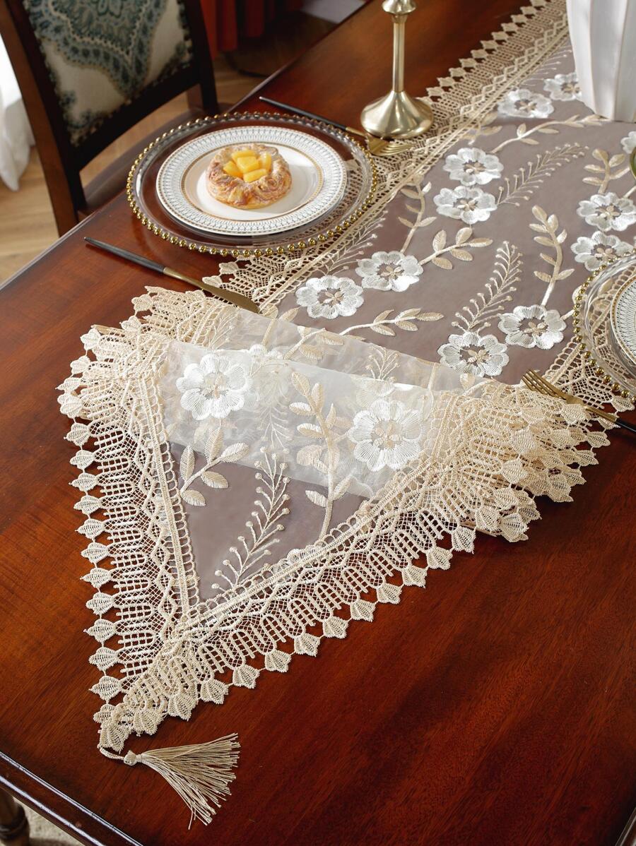 1pc 100% Polyester Lace Trim Table Runner, Delicate Embroidered Hollow Lace Edging With Tassel Fringe, Elegant And Fresh For Kitchen, Dining Table, Home Decor, Indoor/Outdoor, Picnic, Party, Villa, Suitable For Decor, Outdoor Furniture, Wedding Series In Various Sizes - Multicolor - View 1
