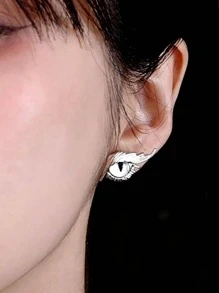 1對創意貓眼裝飾耳釘適合女士日常裝飾 - 銀色 - 查看 6