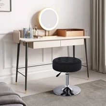 Fumahaus Modern Velvet 360°Swivel Round Ottoman Stool,Comfortable 16.5'' Tufted Vanity Stool,Upholstered Padded Accent Stool For Makeup Room,Bedroom,Black - 黑色 - 查看 3