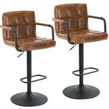 Fumahaus Tufted Barstools Set Of 2  Modern PU Leather Upholstered Counter Height Stools With Footrest Luxurious Adjustable Bar Stools With Armrest For Dining Room Kitchen Room Decor - 鏽棕色 - 查看 2