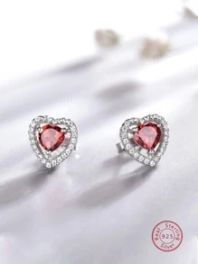 1雙精美方晶鋯石愛心設計純銀耳釘適合女士適用於禮品 - 酒紅色 - 查看 1