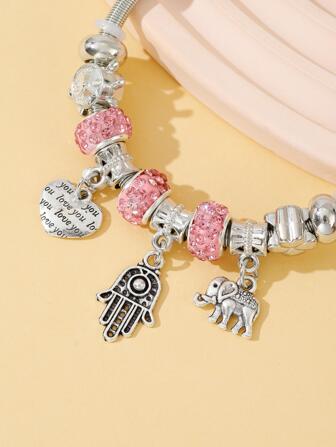 1 件时尚不锈钢水钻装饰大象和心形吊坠手链，适合女士日常装饰情人节、妈妈、母亲、母亲节、礼物