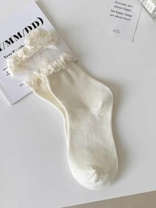 1pair Women Bow & Frill Trim Decor Fashionable Over The Knee Socks For Winter - White - View 6
