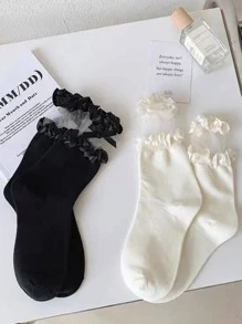 1pair Women Bow & Frill Trim Decor Fashionable Over The Knee Socks For Winter - White - View 3