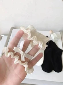 1pair Women Bow & Frill Trim Decor Fashionable Over The Knee Socks For Winter - White - View 4