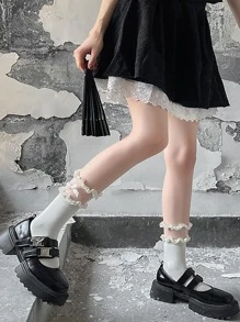 1pair Women Bow & Frill Trim Decor Fashionable Over The Knee Socks For Winter - White - View 8