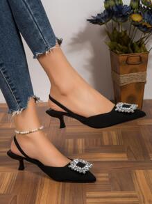 Giày cao gót hở gót có khóa vuông đính đá Rhinestone mới cho nữ mùa xuân/thu 2025, giày công sở thoải mái đa năng, dép xăng đan mũi kín gợi cảm - màu đen - Xem 3