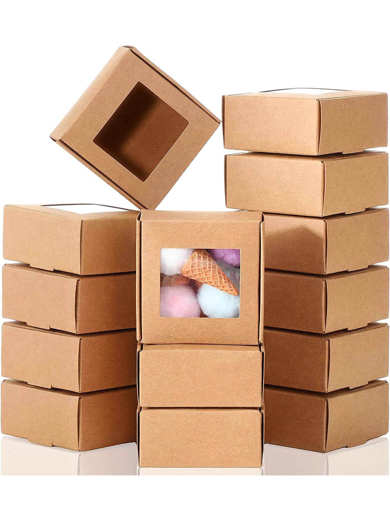 10 个带窗口迷你牛皮纸盒，手工皂、烘焙、糖果礼品包装盒（棕色、白色、黑色，2.56 X 2.56 X 1.18 英寸） - 棕色 - 查看 1