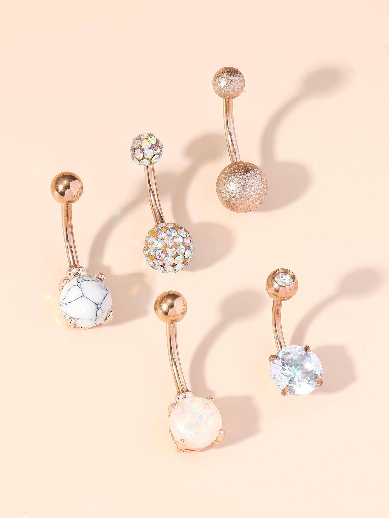 5 Cái/bộ Ngộ Nghĩnh Thép Không Gỉ Đá & Bóng Tròn Trang Trí Rốn Bụng Nhẫn Cho Nữ Trang Trí Cơ Thể - Hoa hồng vàng - Xem 1