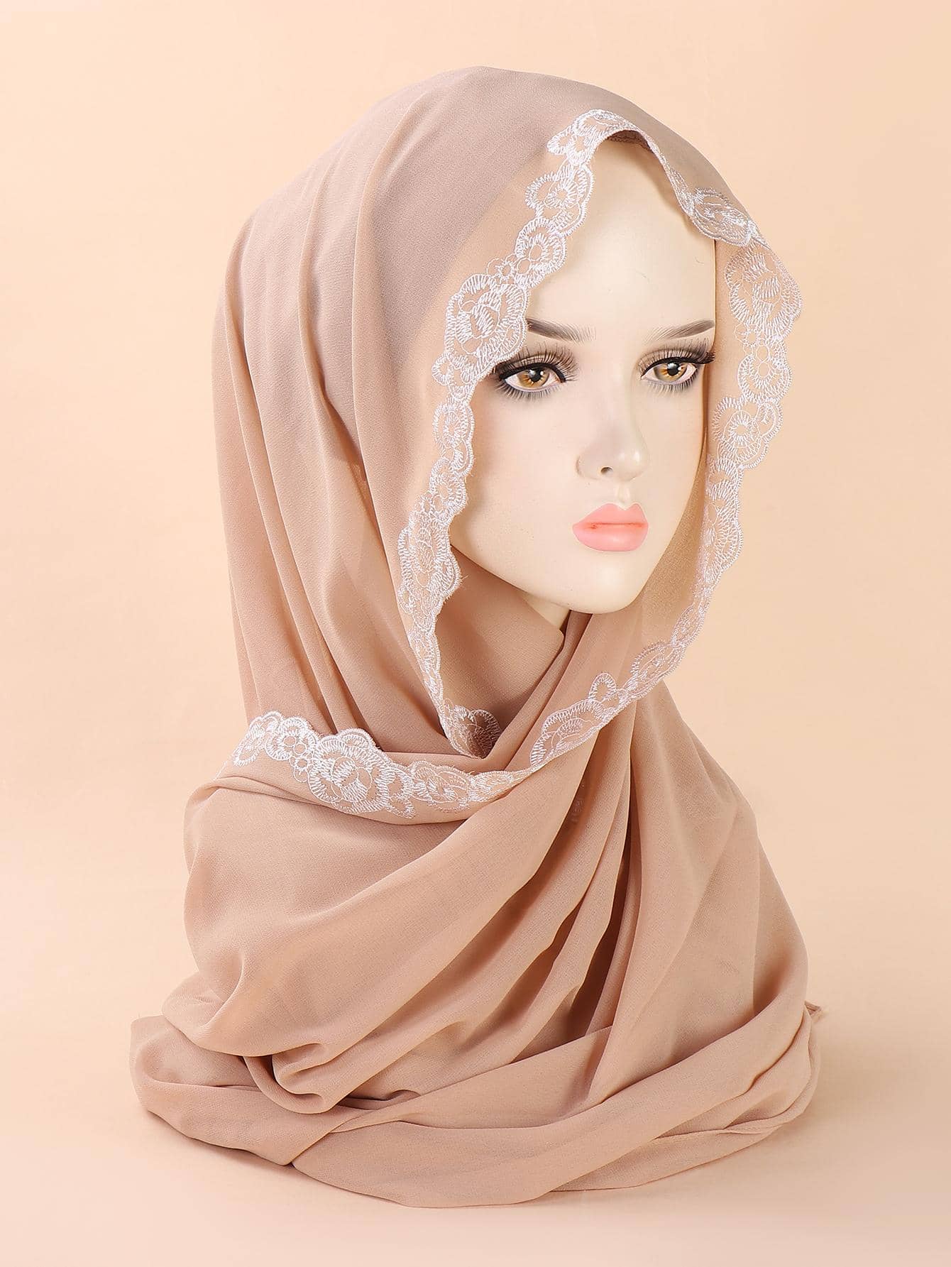 1pc Women's Embroidered Hijab Scarf - Beige - View 1