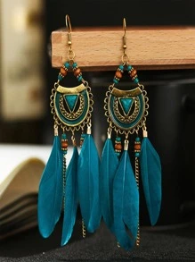 Vintage Turquoise & Bead Decor Bông tai thả lông vũ cho phụ nữ dự tiệc - Màu xanh lam - Xem 1