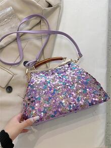 Glitter Clutch Bag With Clip Closure - Purple - View 3