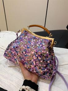 Glitter Clutch Bag With Clip Closure - Purple - View 5