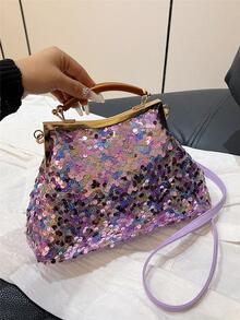 Glitter Clutch Bag With Clip Closure - Purple - View 2