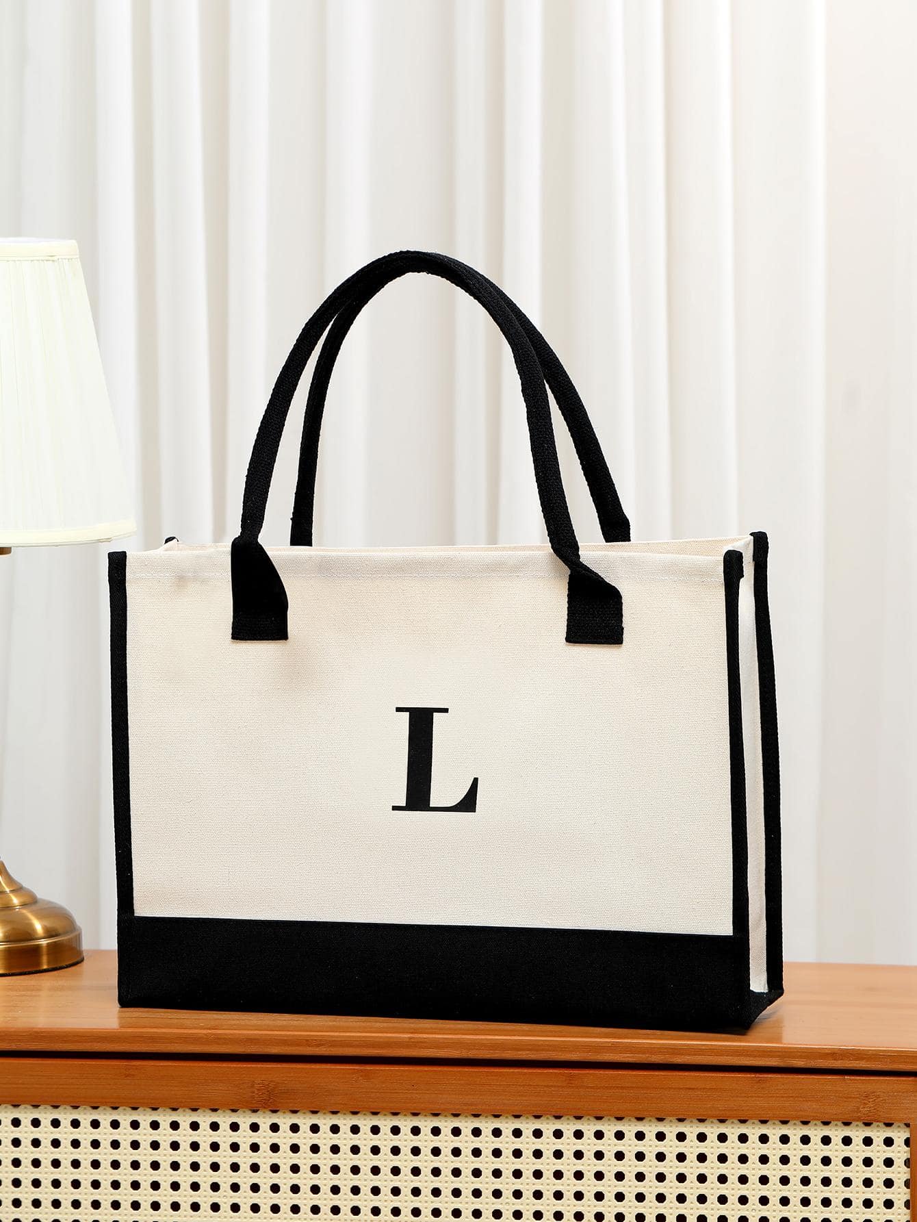 Letter Graphic Shopper Bag Tương phản Binding Casual - Màu be - Xem 1