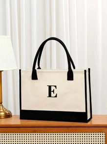 字母圖案購物袋撞色滾邊休閒 - 米色 - 查看 1
