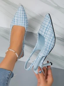 Giày cao gót quai hậu có họa tiết kẻ sọc mũi nhọn cho nữ, Giày vải lanh ngoài trời thời trang - Màu xanh nhạt - Xem 6