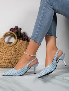 Giày cao gót quai hậu có họa tiết kẻ sọc mũi nhọn cho nữ, Giày vải lanh ngoài trời thời trang - Màu xanh nhạt - Xem 3