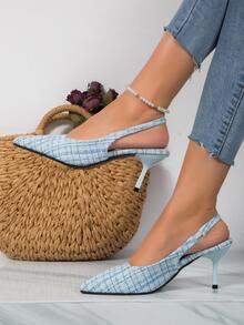 Giày cao gót quai hậu có họa tiết kẻ sọc mũi nhọn cho nữ, Giày vải lanh ngoài trời thời trang - Màu xanh nhạt - Xem 4