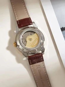 LONGLUX 1入組男士自動機械錶，帶日曆顯示，真皮表帶，防水和夜光，商務款式 - 棕色 - 查看 5