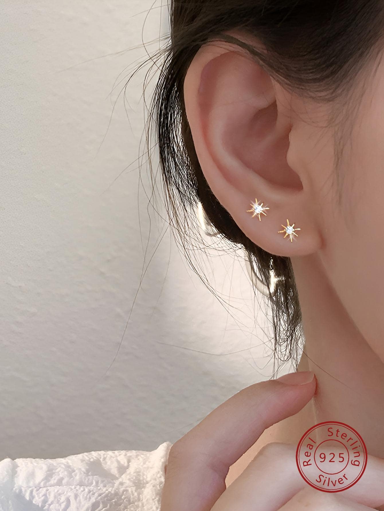 1pair Glamorous Sterling Silver Cubic Zirconia Decor Star Stud Earrings For Women For Daily Decoration - Gold - View 1