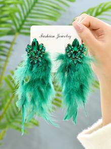 對長款奢華羽毛和玻璃吊墜耳環