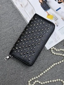 2023 New Punk Style Ladies' Long Zipper Wallet With Rivet Decorations - Black - View 8