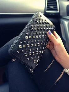 2023 New Punk Style Ladies' Long Zipper Wallet With Rivet Decorations - Black - View 9