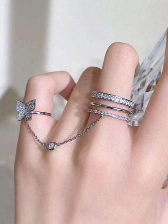 Anillo con dedo con diamante de imitación con diseño de mariposa