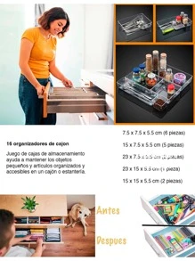 Brandtrendy 16 piezas de organizadores de cajones, bandejas para organizar y clasificar accesorios de cocina, maquillaje, uso personal, antideslizantes, apilables y libres de materiales tóxicos, almacenamiento para vuelta al colegio y dormitorio - transparente - Ver 3