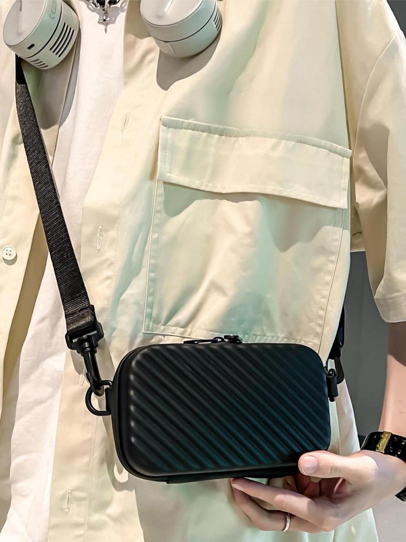 Mini Square Bag PU Black Embossed Detail, Handbag Schoolbag Sling Bag Sport Bag For High School University Student For Travel College School,Fathers Day Gifts - Black - View 1