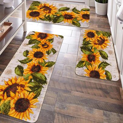 1/2 Pc Vintage Sunflower Pattern Kitchen Mat, Soft Plush Rectangular Non-Slip Floor Rug For Living Room, Kitchen, Dining Room, Bedroom