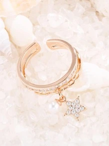 1 件韩国时尚可爱风甜美星星珍珠吊坠戒指女孩优雅派对珠宝礼物 - 玫瑰金 - 查看 3