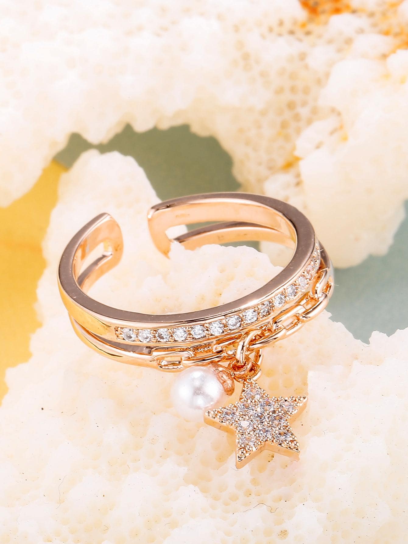 1 件韩国时尚可爱风甜美星星珍珠吊坠戒指女孩优雅派对珠宝礼物