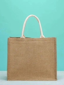 雙把購物袋簡約風亚麻手提包,雜貨店購物袋適用於海灘,完美適合夏天海灘旅行度假 - 棕色 - 查看 3