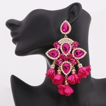 ACEHLN Pendientes largos con diamante de imitación & con diseño de flor - Rosa Fucsia - Ver 9