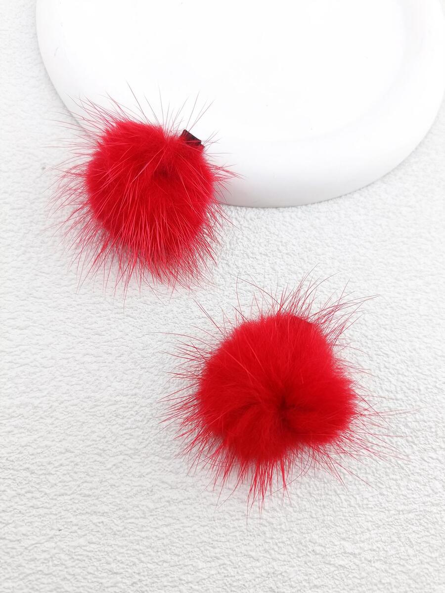 2 Cái/gói 4Cm Màu Trơn Pom Pom Trang Trí Kẹp Tóc Cho Nữ, Thích Hợp Để Sử Dụng Hàng Ngày - Đỏ - Xem 1
