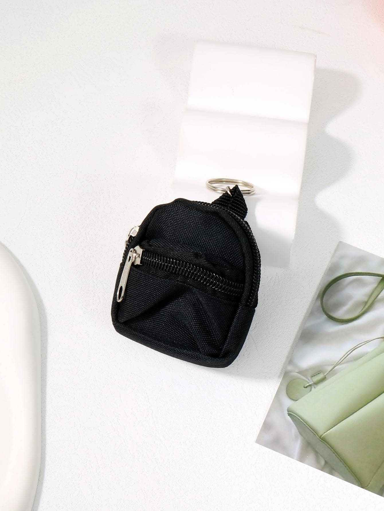 1入組中性迷你全拉鏈零錢包吊墜時尚鑰匙圈適用於日常生活 - 黑色 - 查看 1