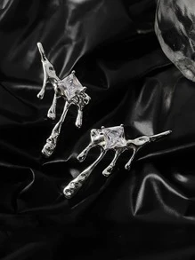 Rhinestone Decor Liquid Drip Shaped Stud Earrings - Silver - View 2
