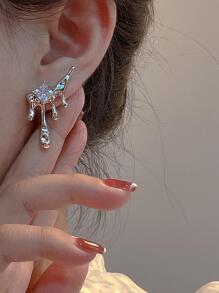 Rhinestone Decor Liquid Drip Shaped Stud Earrings - Silver - View 3