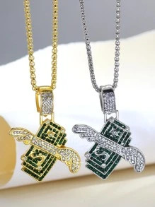 1入組嘻哈鋅合金方晶鋯石現金吊飾項鍊男士女士日常裝飾時尚外觀派對禮物 - 復古銀色 - 查看 1