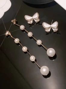 Chaquetas De Pendientes Con Decoración De Mariposas Y Perlas Falsas - Dorado - Ver 3