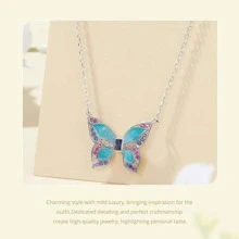 WOSTU 1入組925純銀彩色蝴蝶吊墜項鍊昆蟲領鏈條適合女士生日禮物精細首飾類 - 銀色 - 查看 5