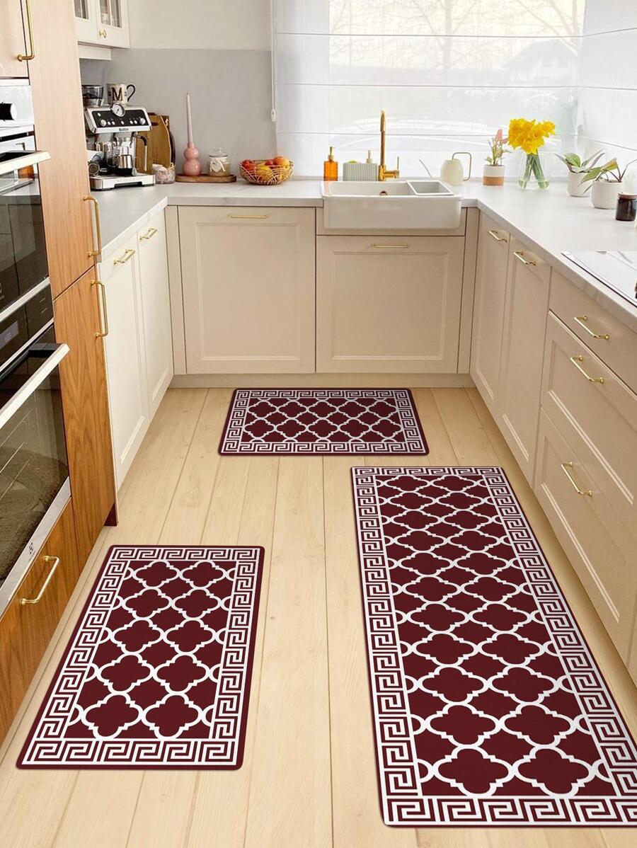 1pc Geometric Pattern Kitchen Rug - Red - View 1
